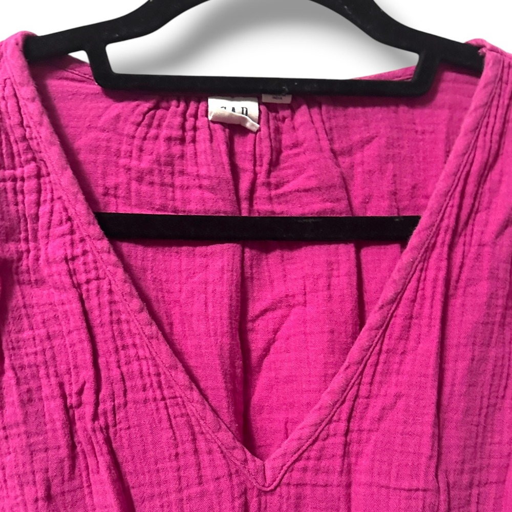 Gap Crinkle Gauze Tiered V-Neck Dress Cotton Pockets Fuschia Pink L - Picture 4 of 11